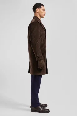 Brown double-breasted stretch cotton blend coat