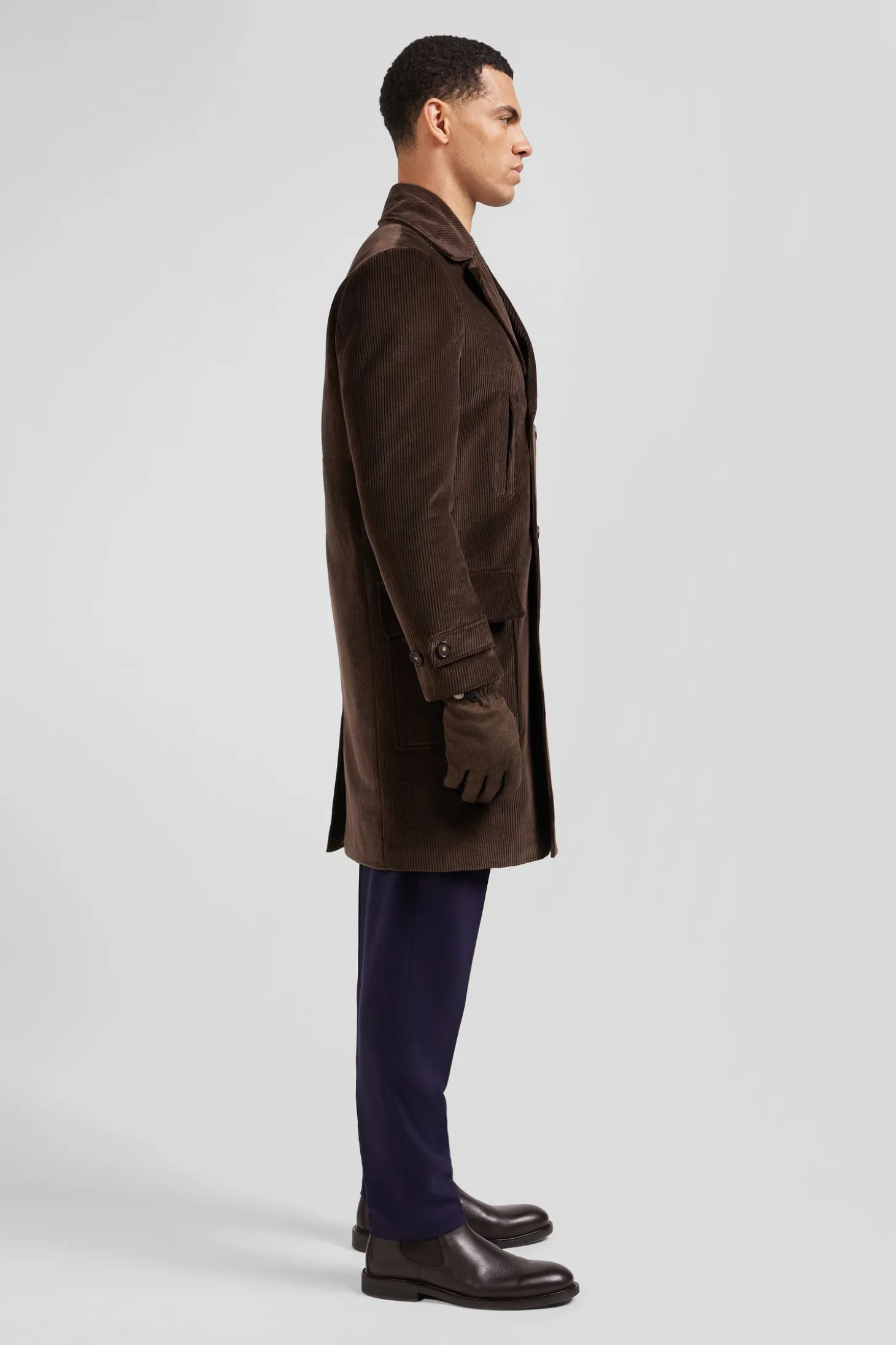 Brown double-breasted stretch cotton blend coat