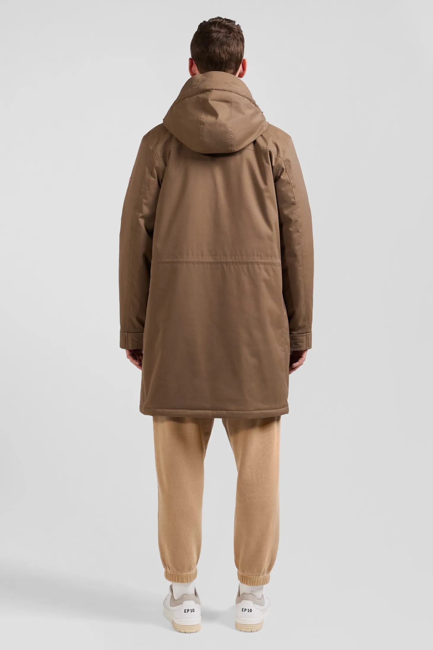 Brown long hooded nylon parka