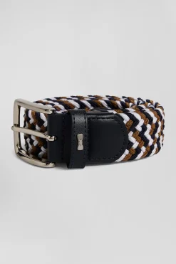 Brown rubber stretch braided belt with silver metal buckle