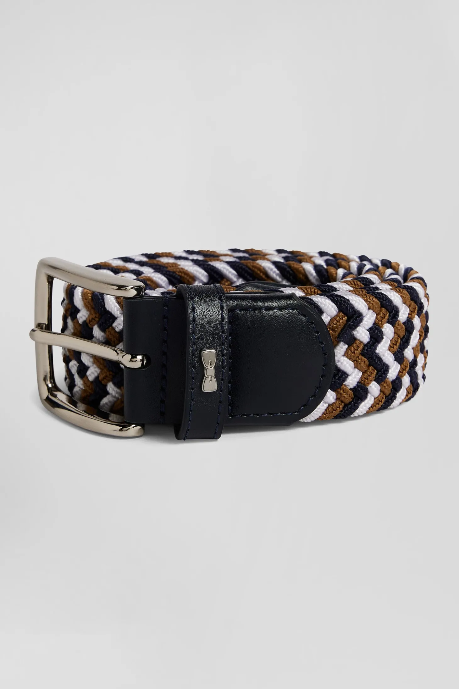 Brown rubber stretch braided belt with silver metal buckle