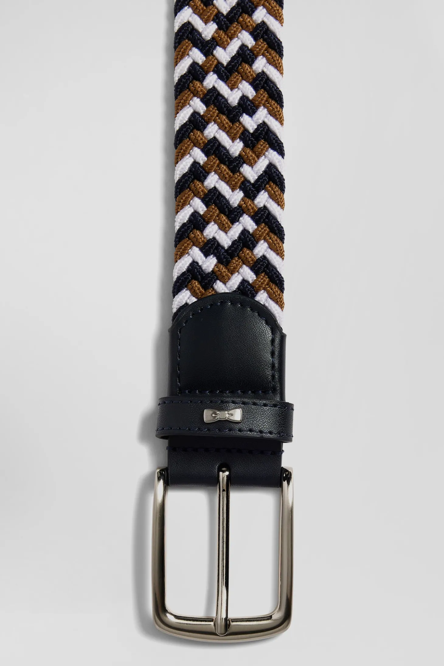 Brown rubber stretch braided belt with silver metal buckle