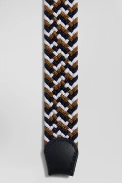 Brown rubber stretch braided belt with silver metal buckle