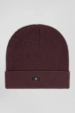 Burgundy knitted cotton beanie with tricolour details