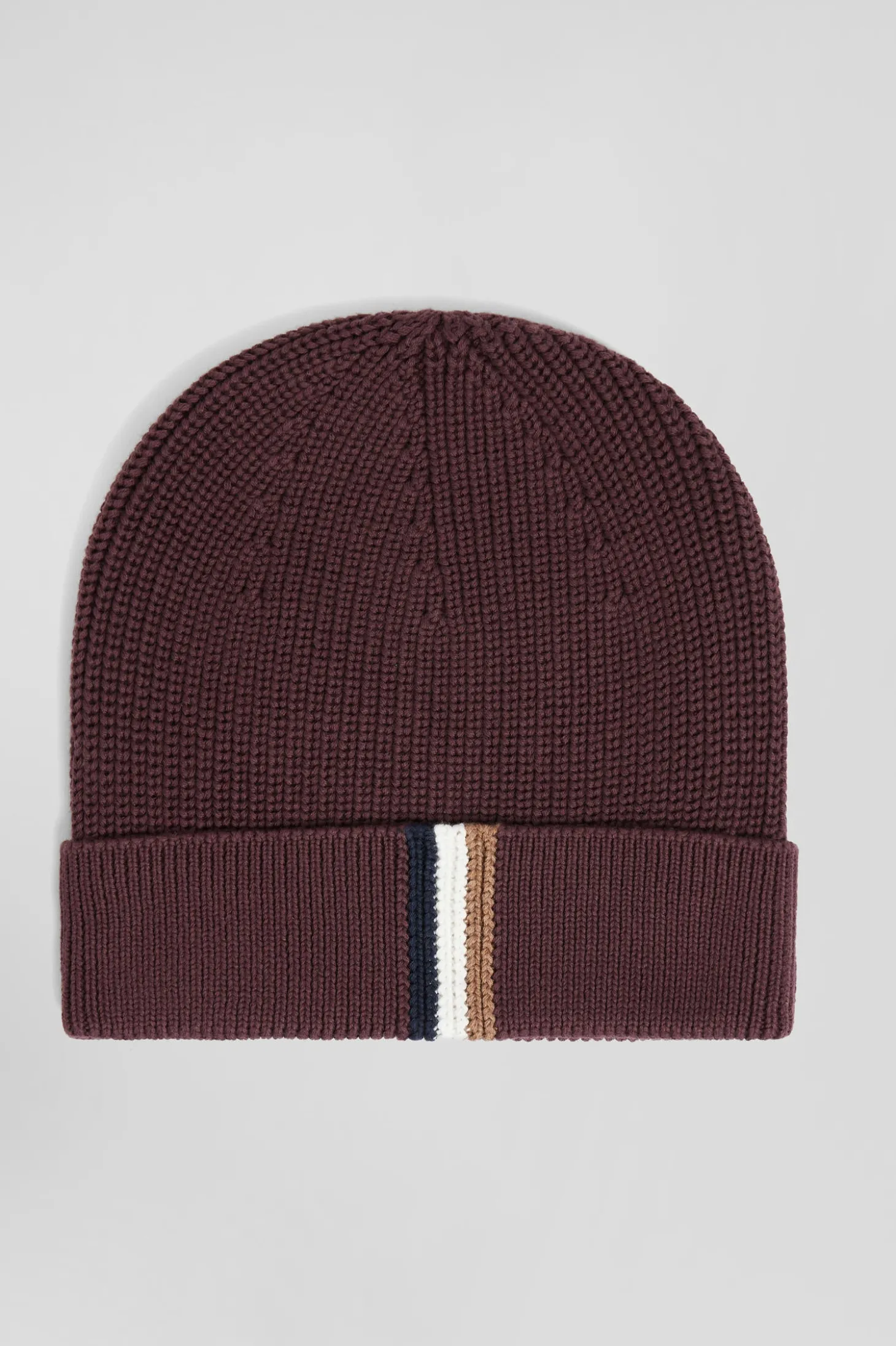 Burgundy knitted cotton beanie with tricolour details