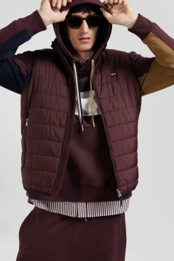 Burgundy quilted sleeveless high collar down vest