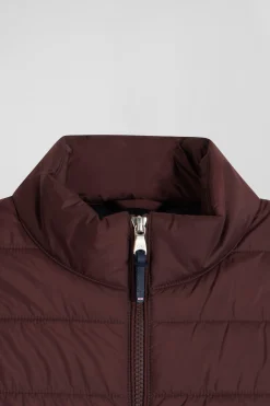 Burgundy quilted sleeveless high collar down vest
