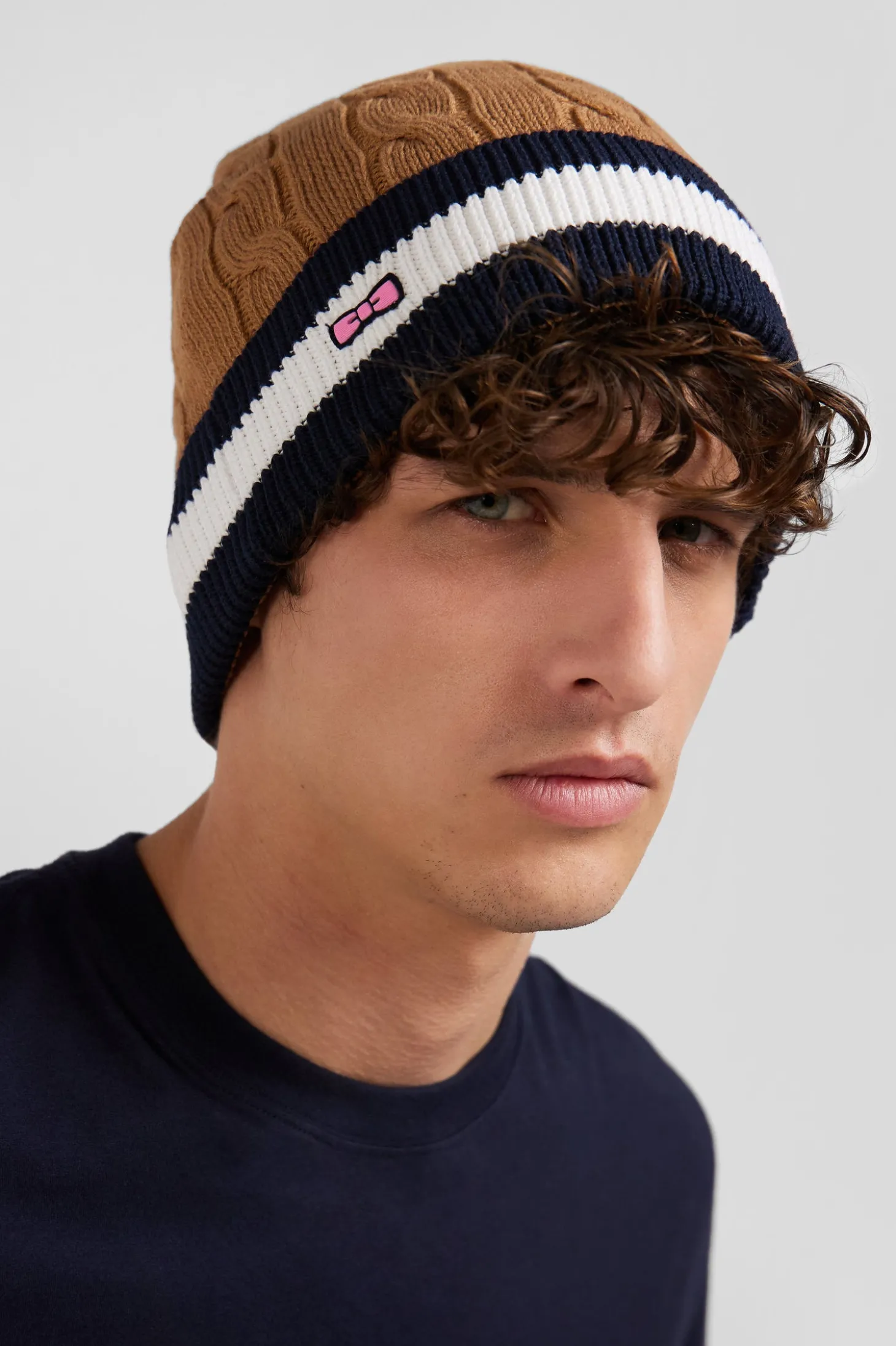Camel cable knitted cotton beanie