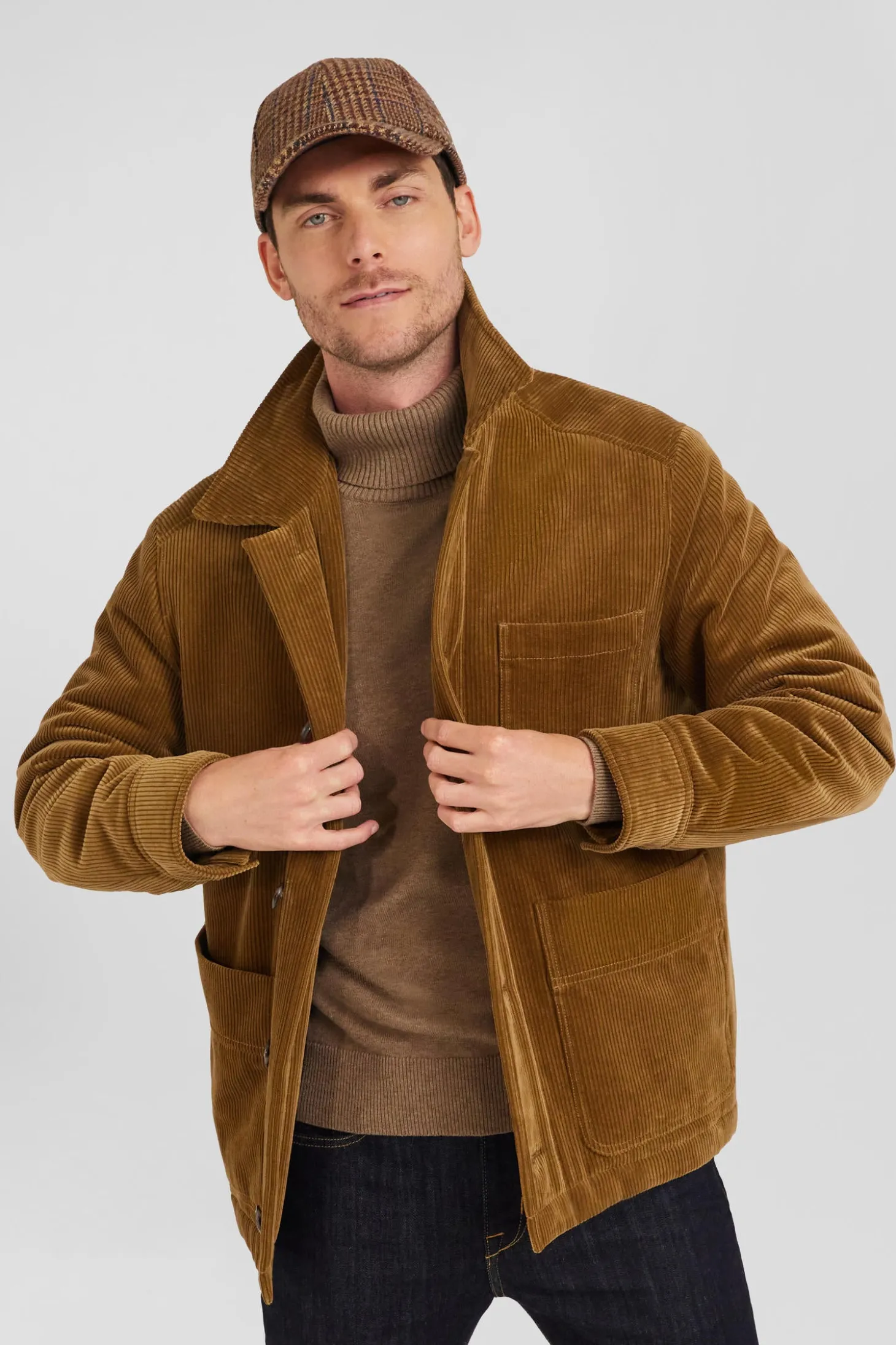 Camel checkered cotton blend overshirt