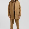 Camel gabardine cotton hooded parka