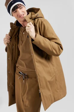 Camel gabardine cotton hooded parka