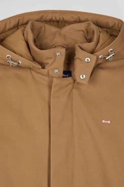 Camel gabardine cotton hooded parka