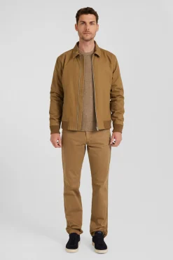 Camel gabardine cotton zip-up jacket with shirt collar