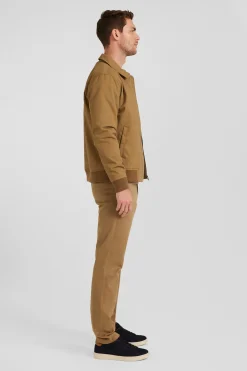 Camel gabardine cotton zip-up jacket with shirt collar
