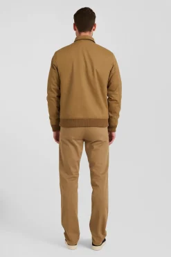 Camel gabardine cotton zip-up jacket with shirt collar