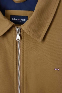 Camel gabardine cotton zip-up jacket with shirt collar