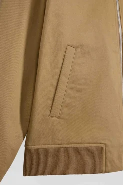 Camel gabardine cotton zip-up jacket with shirt collar