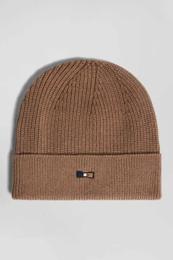 Camel knitted cotton beanie with tricolour details