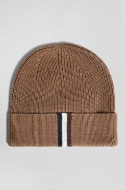 Camel knitted cotton beanie with tricolour details