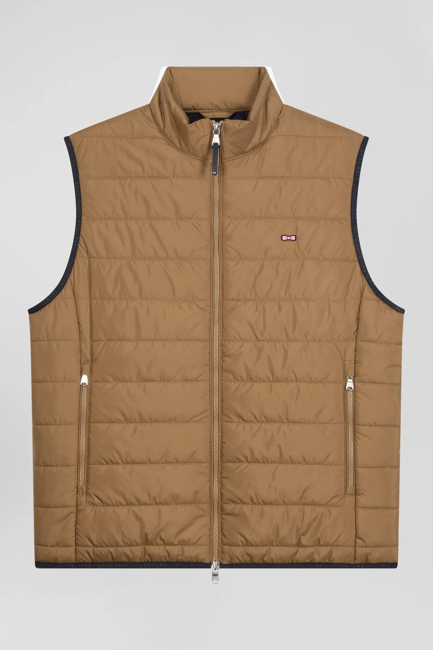 Camel quilted sleeveless high collar down vest