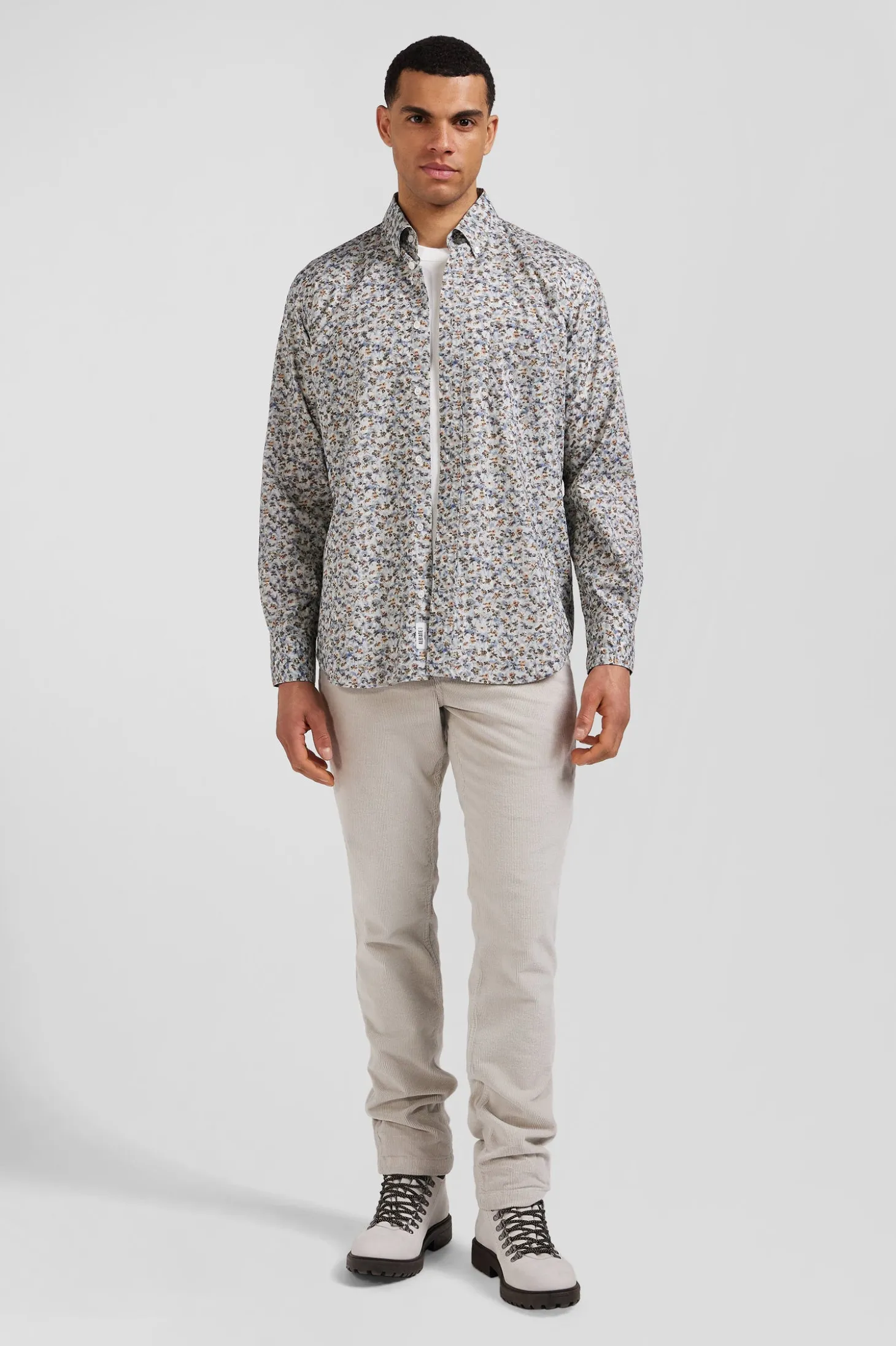 Chemise en coton à microimprimé vert coupe Regular