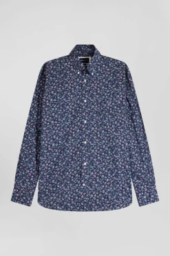 Chemise en coton à microimprimé bleu foncé coupe Regular