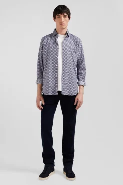 Chemise en coton à micro-motifs ciel coupe Slim
