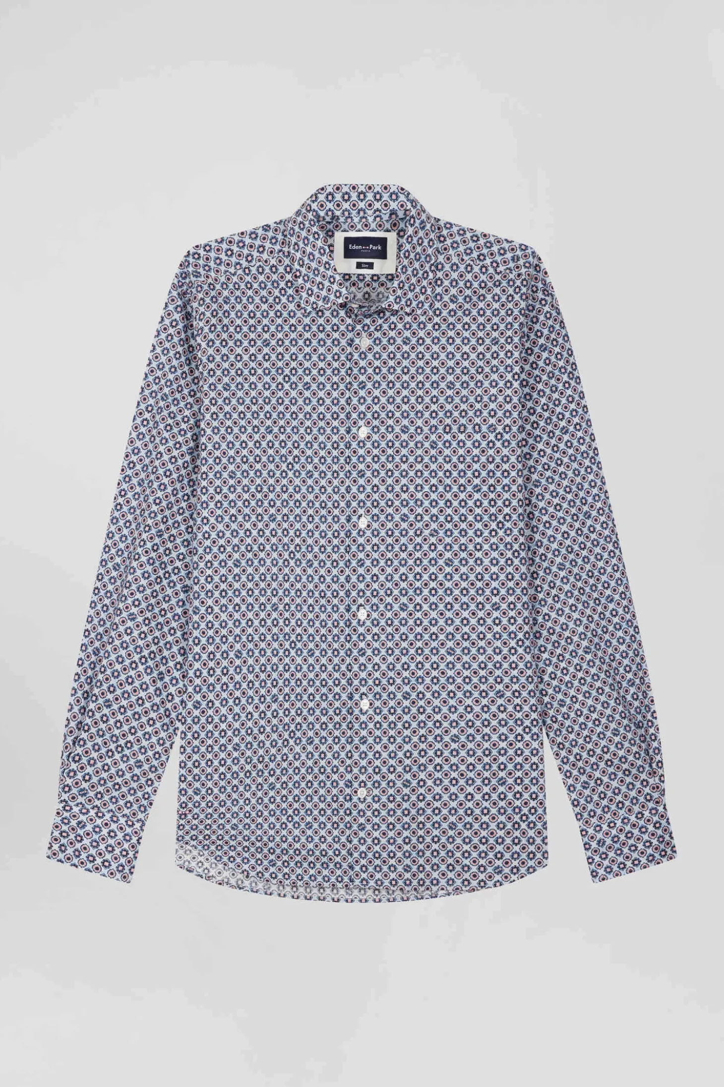 Chemise en coton à micro-motifs ciel coupe Slim