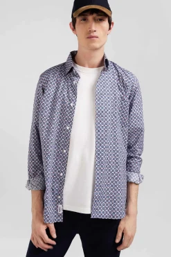 Chemise en coton à micro-motifs ciel coupe Slim