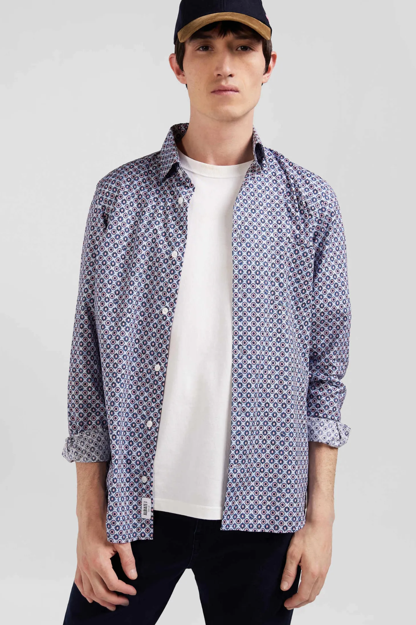 Chemise en coton à micro-motifs ciel coupe Slim