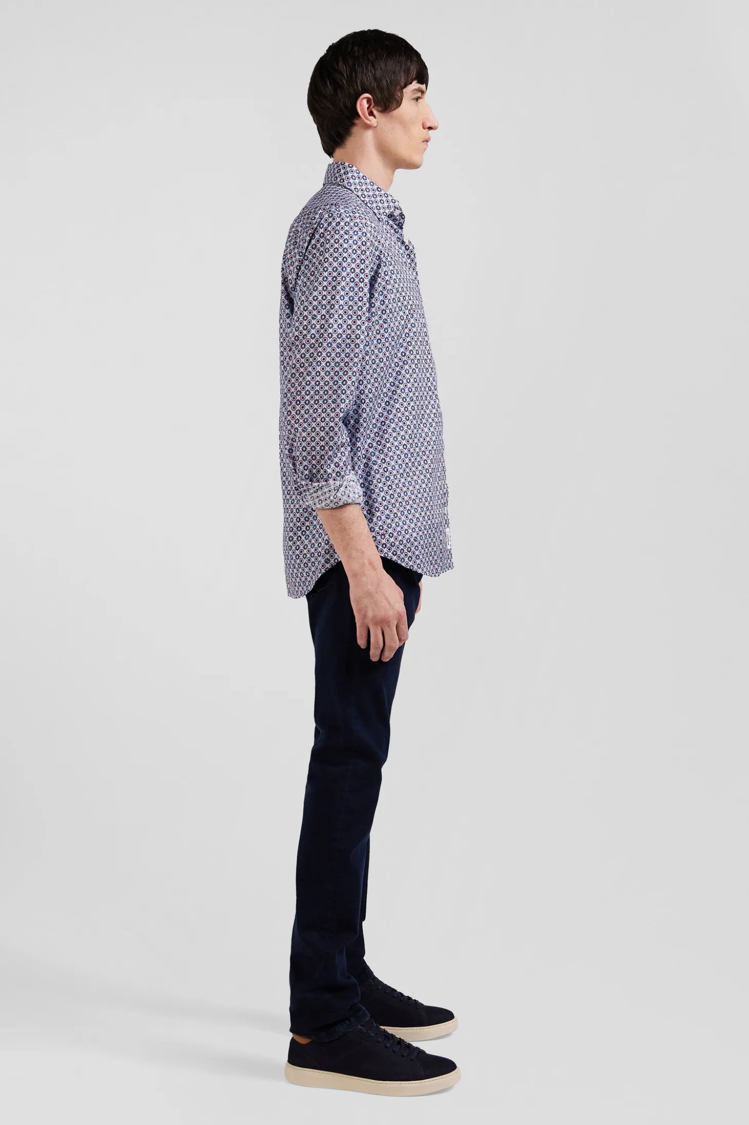 Chemise en coton à micro-motifs ciel coupe Slim
