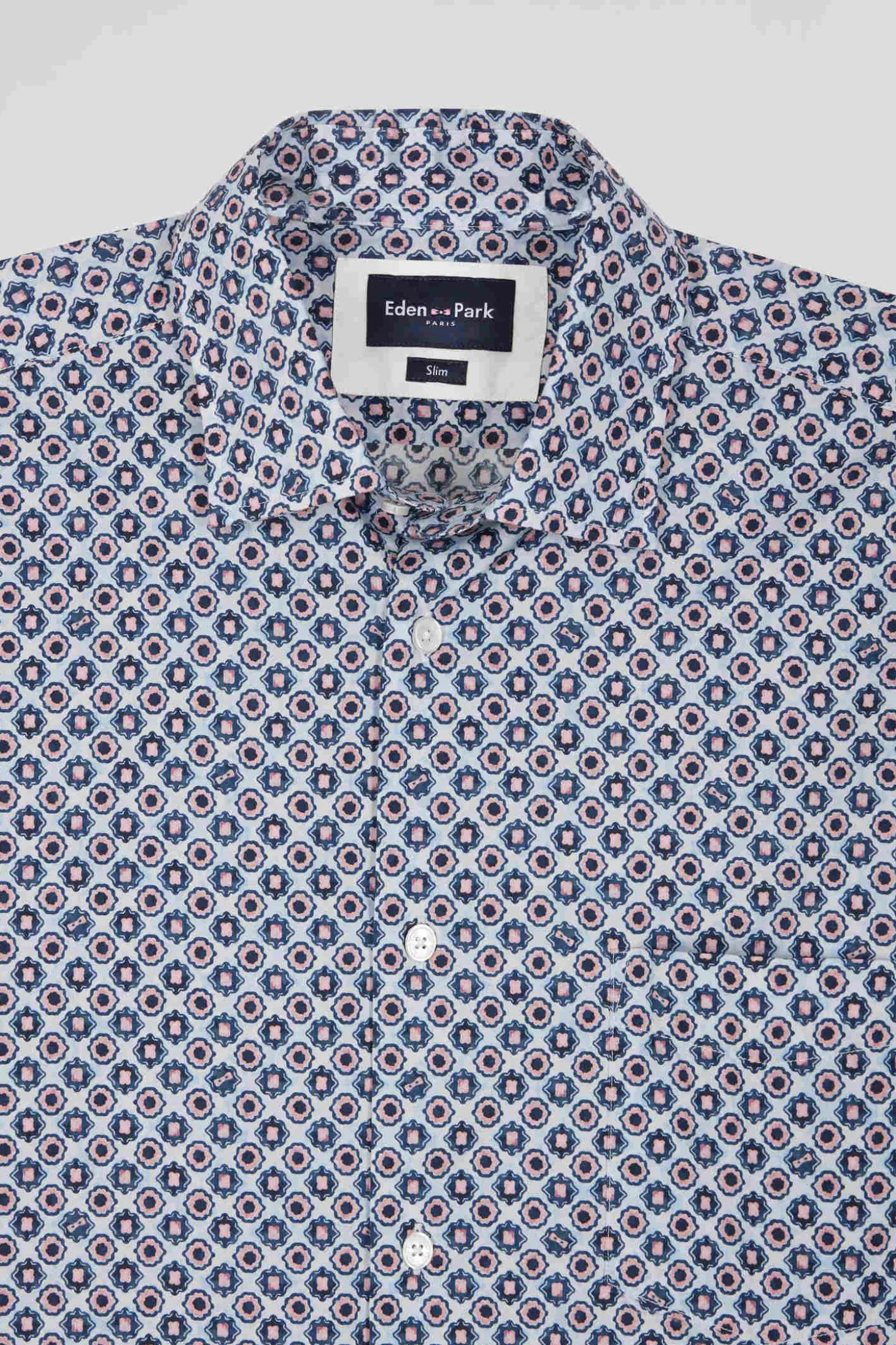 Chemise en coton à micro-motifs ciel coupe Slim