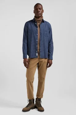Chemise en popeline de coton indigo imprimé graphique coupe Slim