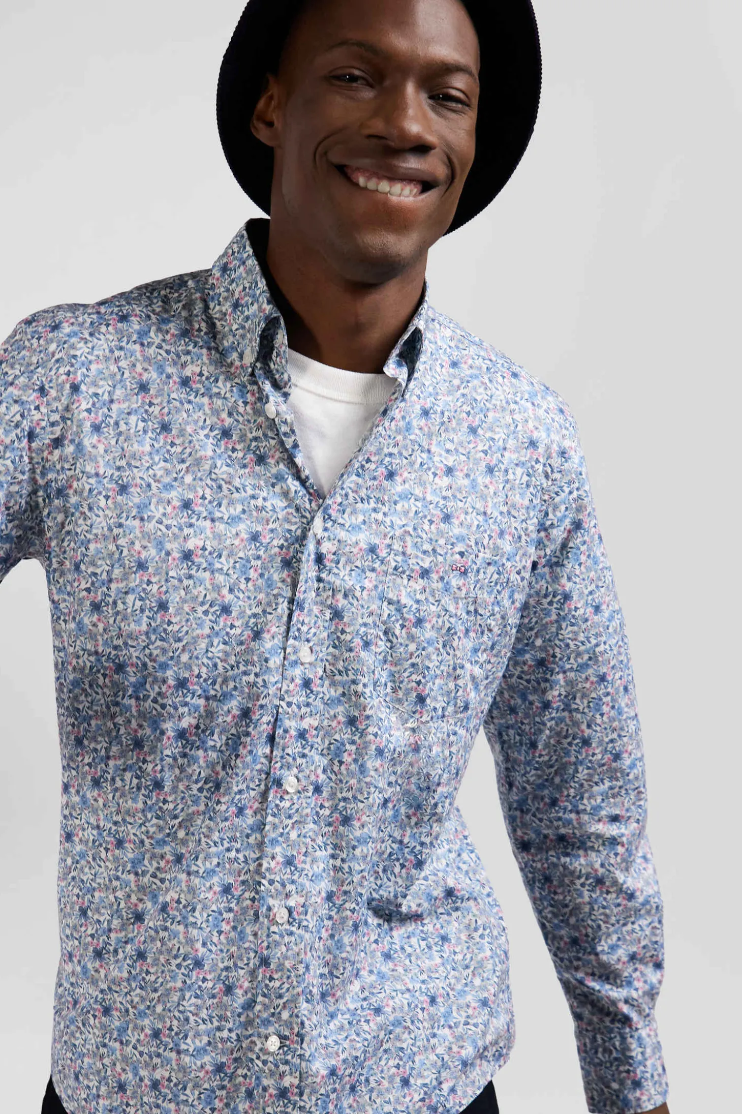 Chemise en popeline de coton ciel microimprimé floral coupe Regular