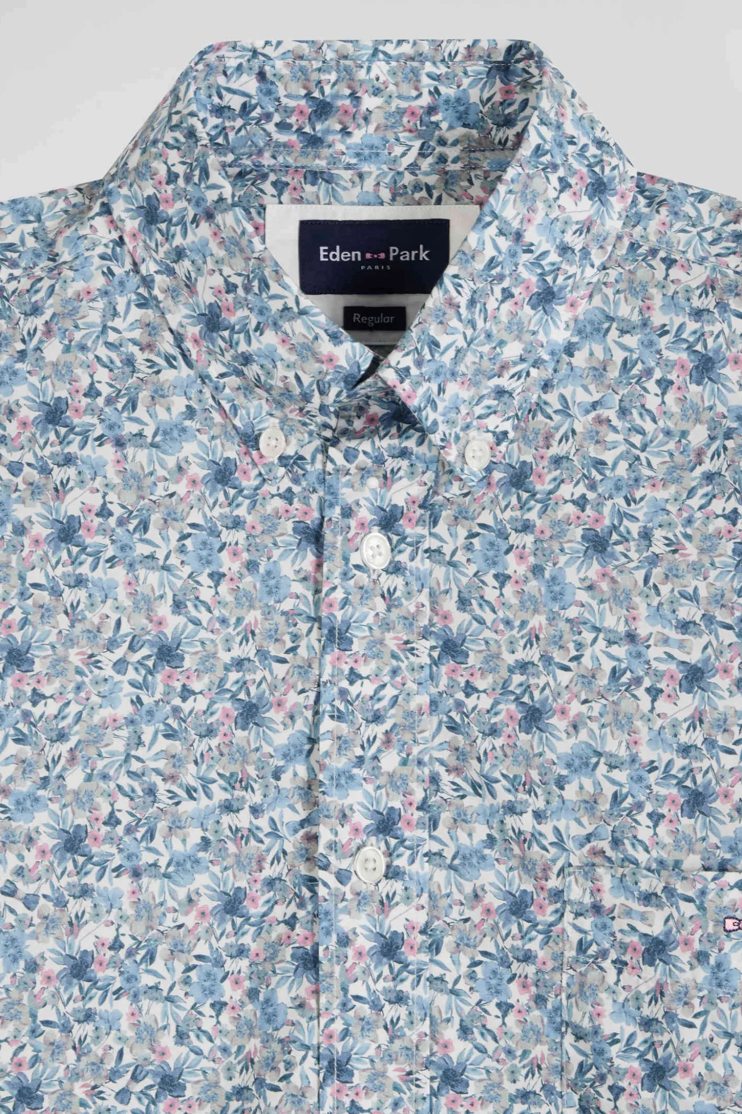 Chemise en popeline de coton ciel microimprimé floral coupe Regular