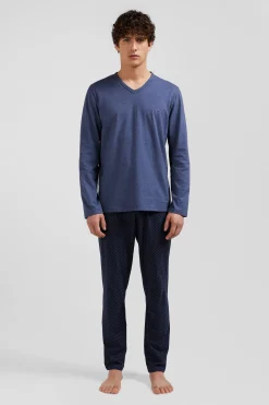 Dark blue long cotton pajamas with bow tie micro pattern trousers