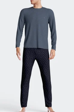 Dark blue long cotton pajamas with micro pattern trousers