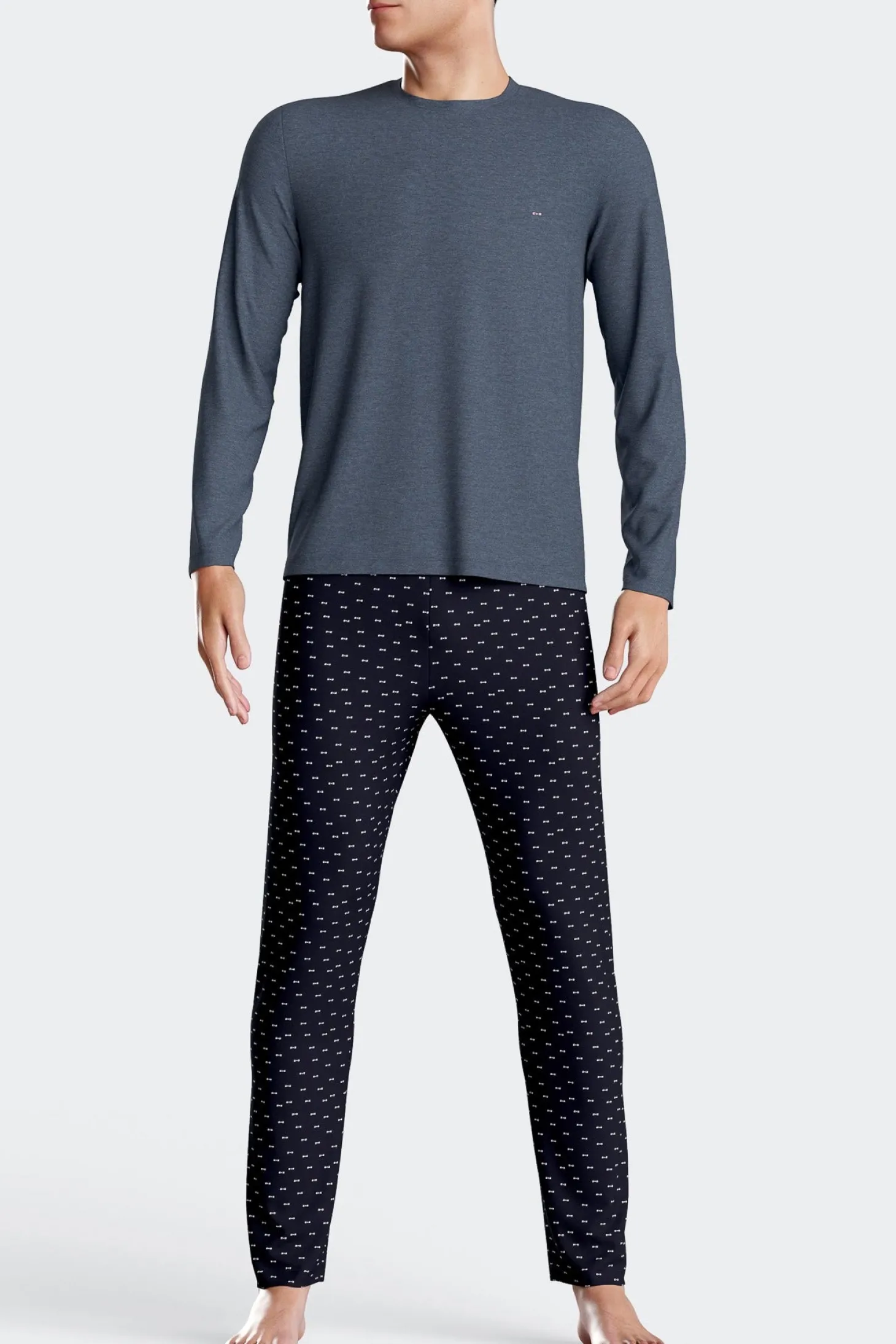 Dark blue long cotton pajamas with micro pattern trousers