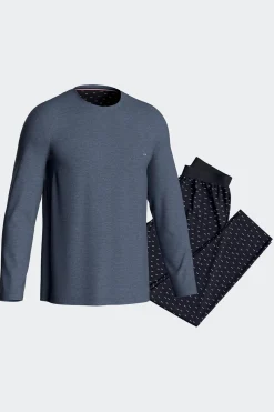 Dark blue long cotton pajamas with micro pattern trousers