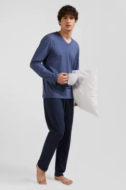 Dark blue long cotton pajamas with bow tie micro pattern trousers