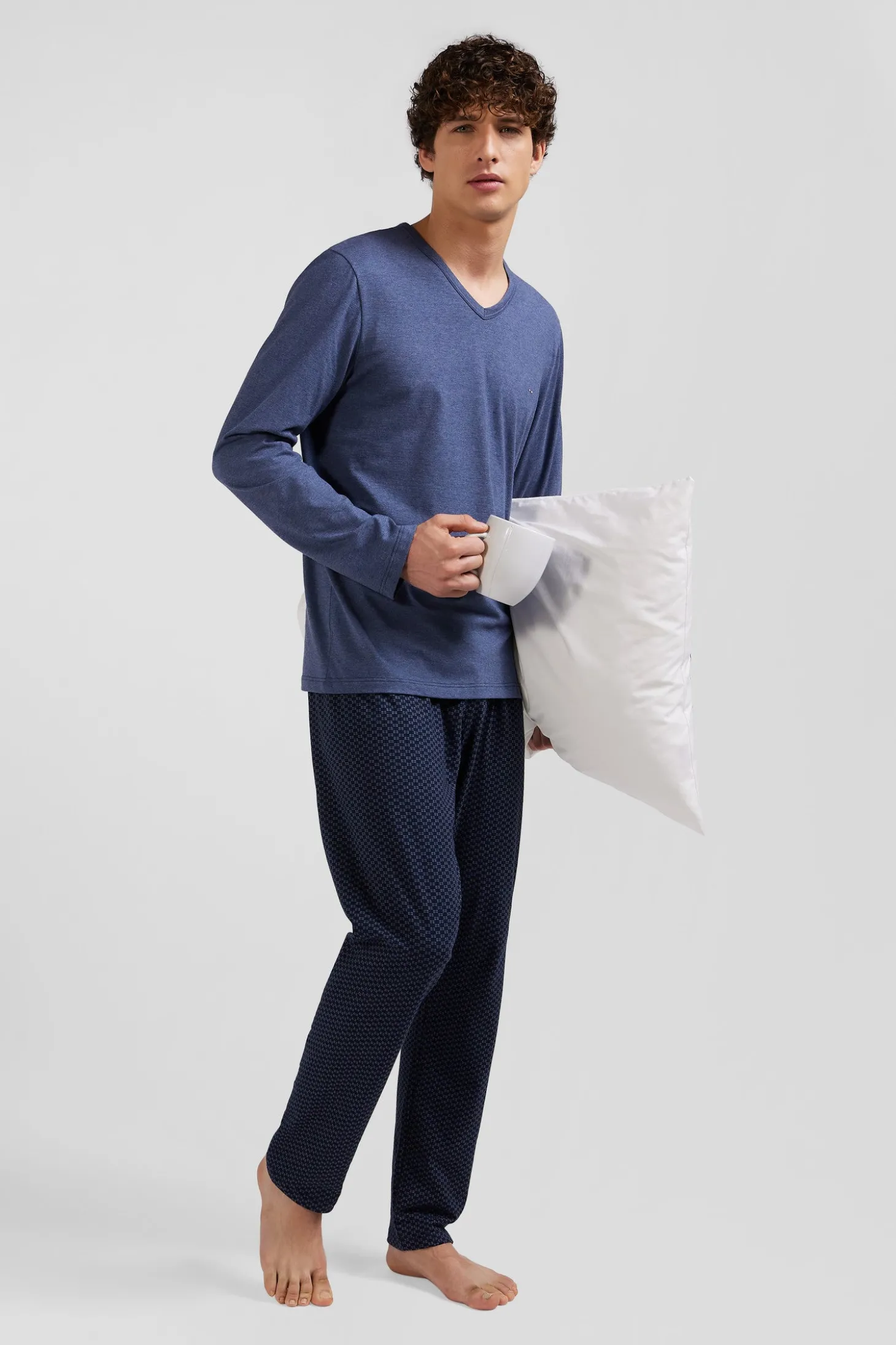 Dark blue long cotton pajamas with bow tie micro pattern trousers