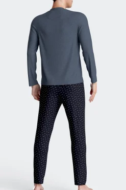 Dark blue long cotton pajamas with micro pattern trousers