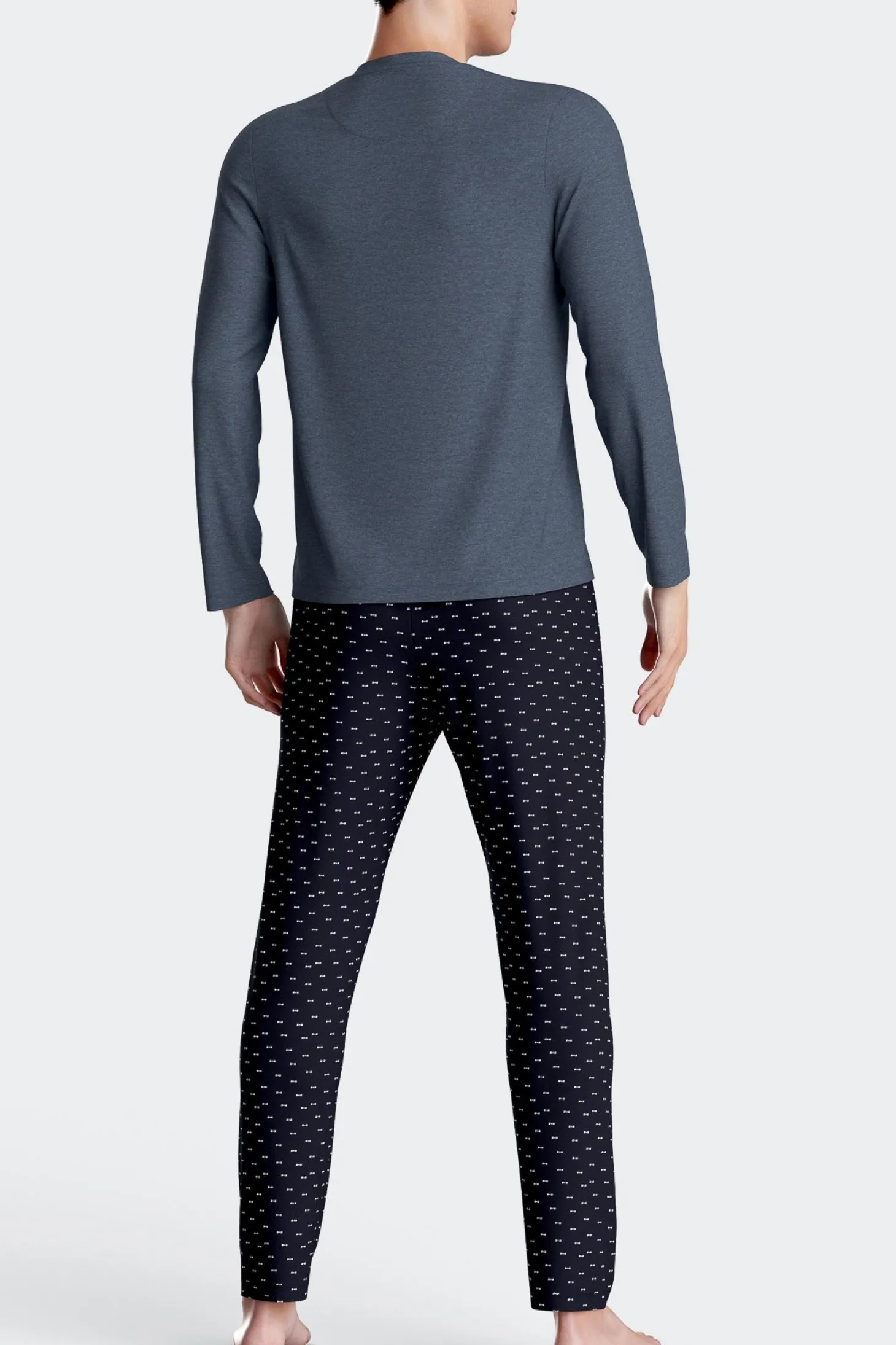 Dark blue long cotton pajamas with micro pattern trousers