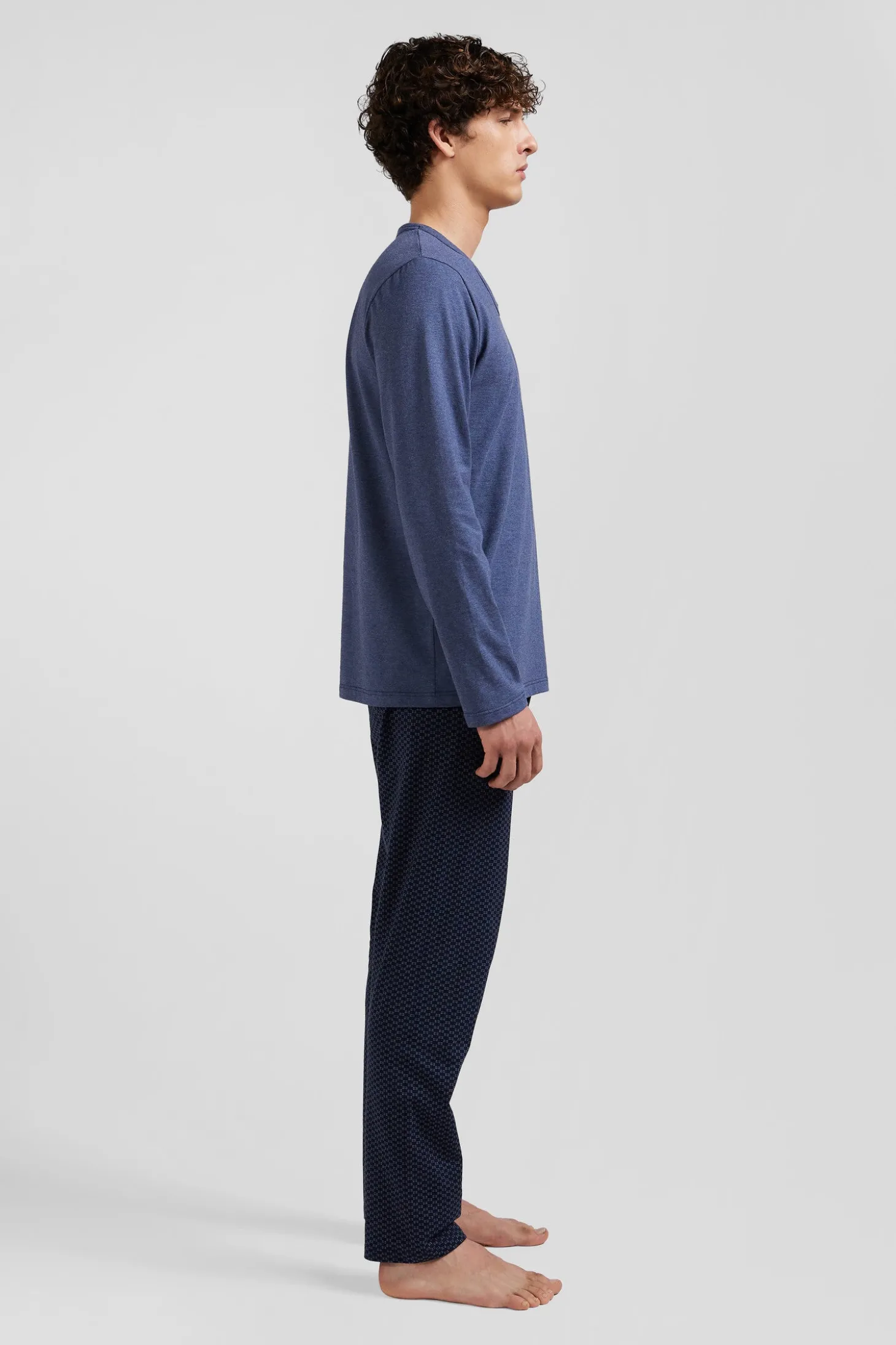 Dark blue long cotton pajamas with bow tie micro pattern trousers