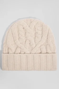Ecru cable knitted wool beanie