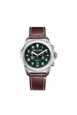 Green leather chronograph quartz watch