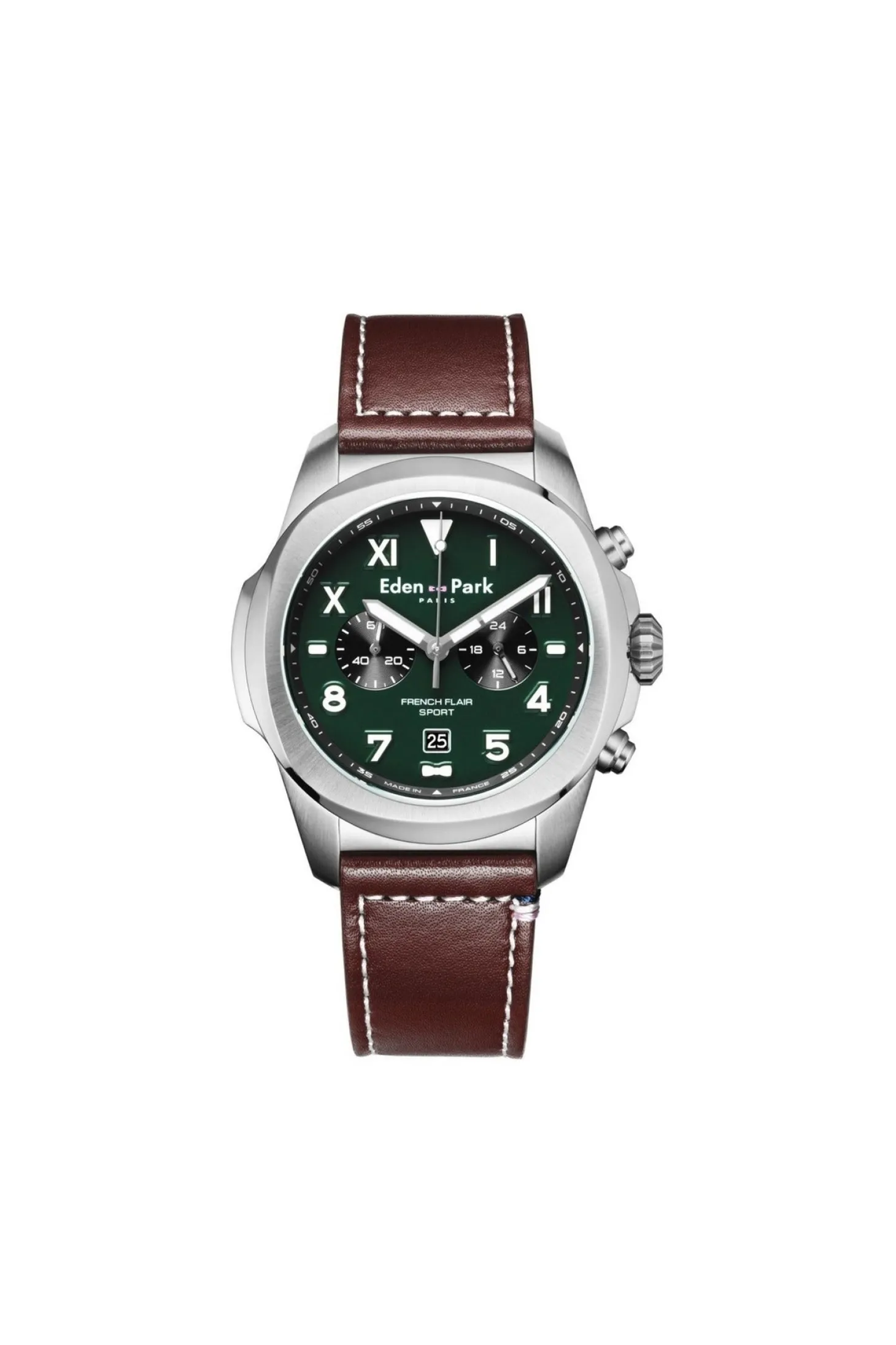 Green leather chronograph quartz watch