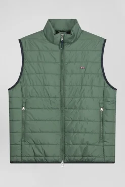 Green quilted sleeveless high collar down vest