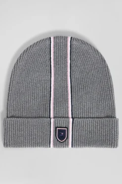 Grey cotton beanie with pink and white stripes