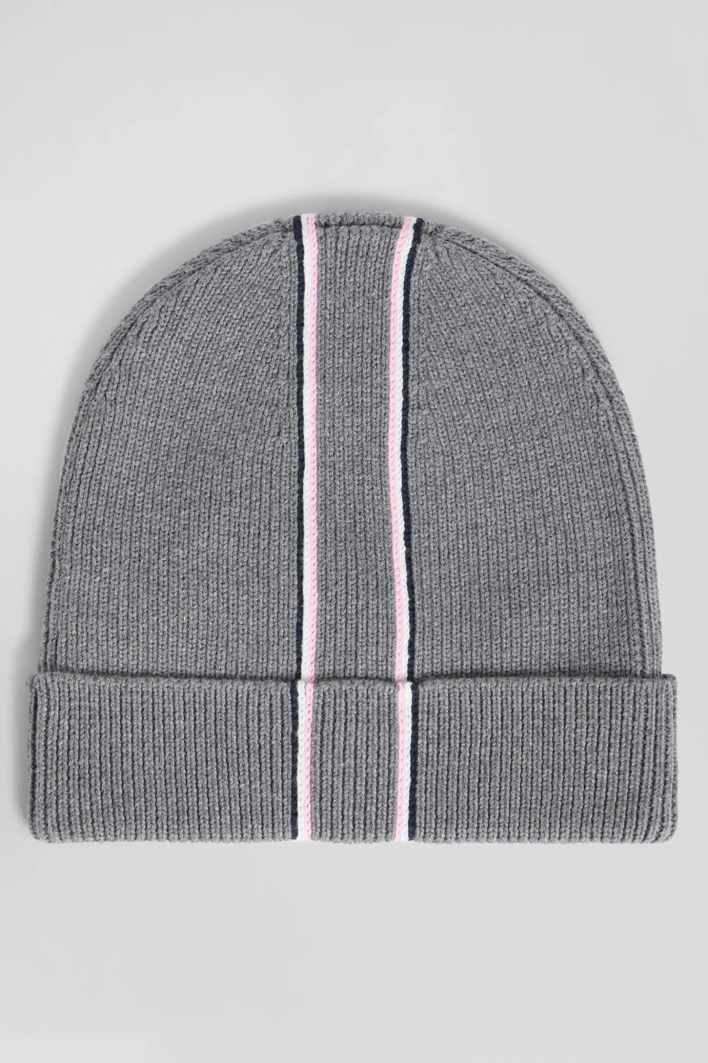 Grey cotton beanie with pink and white stripes